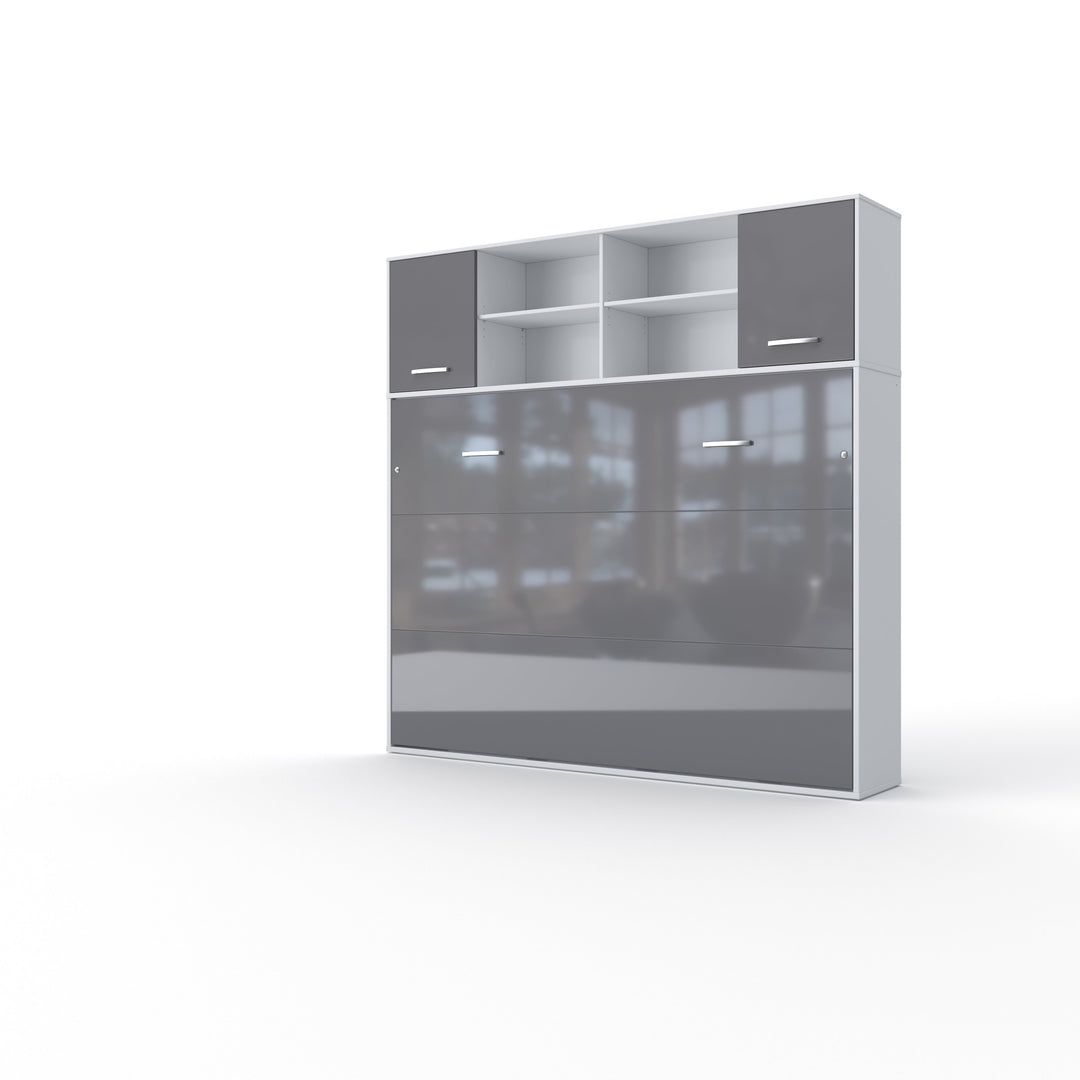 Invento Horizontal Wall Bed, European Full XL Size with a cabinet on top