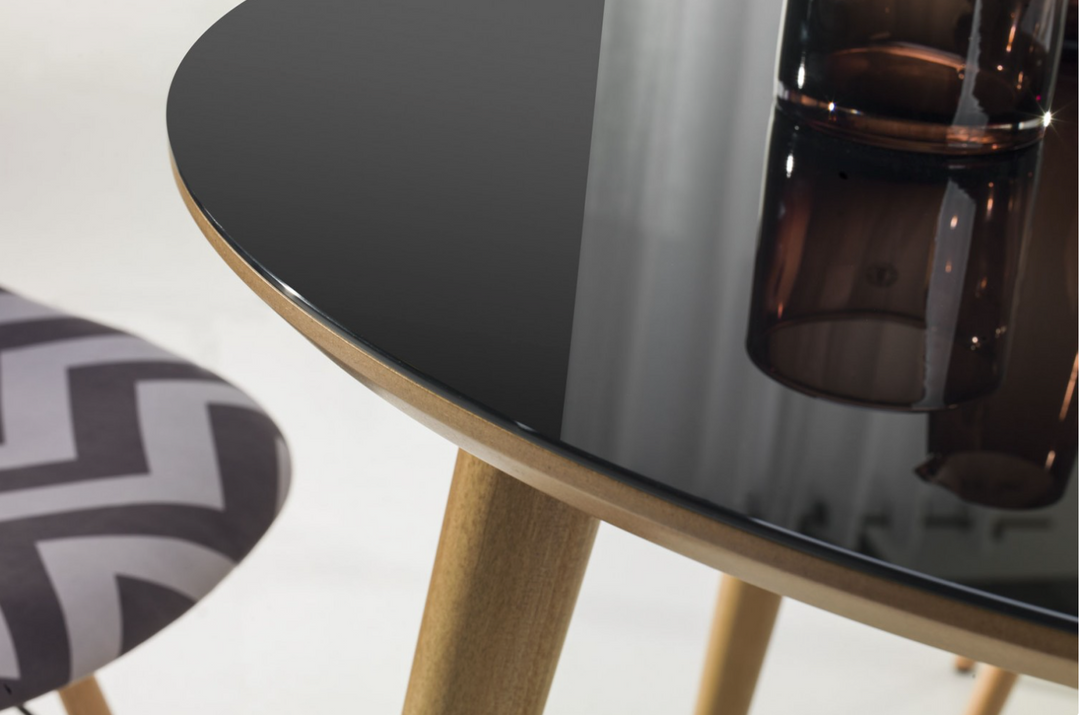 ESSAI Round Glass Top Dining with Beech wooden legs