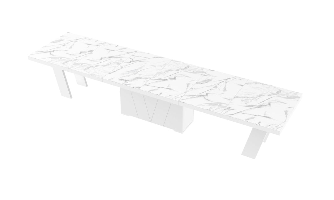 Dining Set ALETA 11 pcs. modern glossy marble/ white Dining Table with 4 self-starting leaves plus 10 chairs