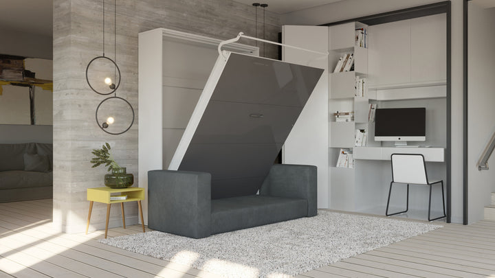 Invento Queen Vertical Murphy Bed with a gray Sofa