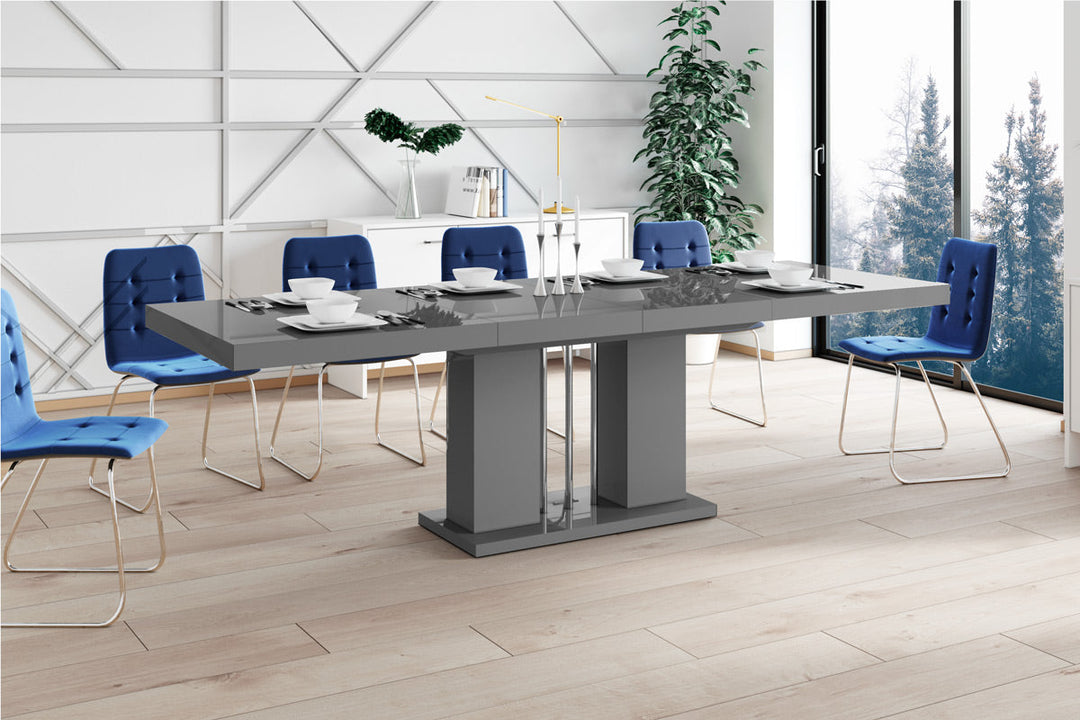 Dining Set NOSSA 7 pcs. gray modern glossy Dining Table with 2 self-starting leaves plus 6 chairs