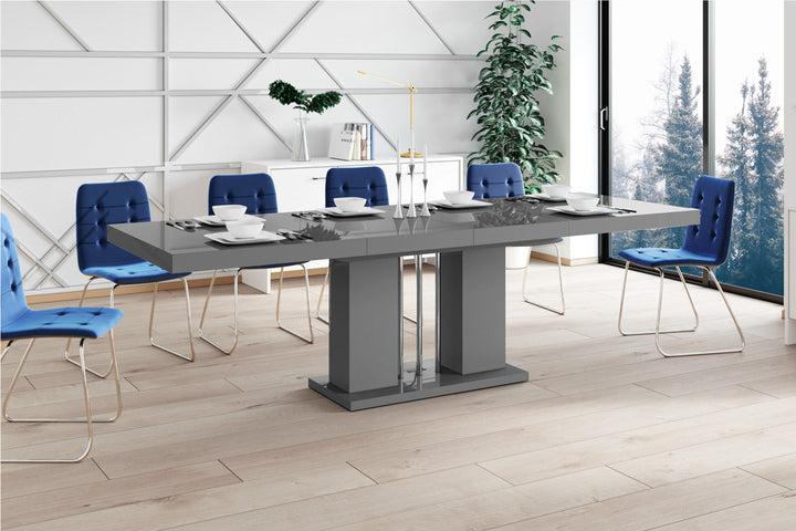 Dining Set NOSSA 7 pcs. gray modern glossy Dining Table with 2 self-starting leaves plus 6 chairs