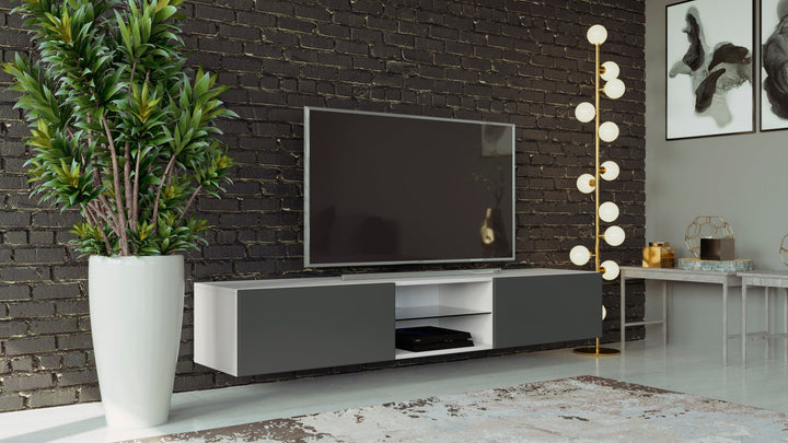 Modern floating 71" long TV Stand VIGO Glass with LED