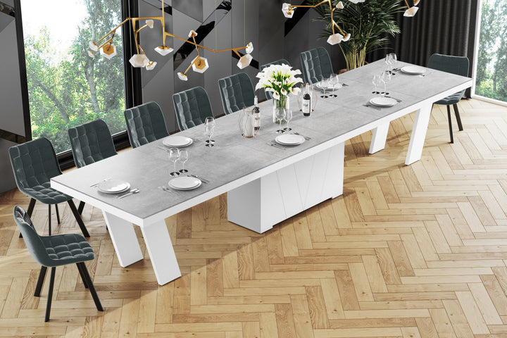 Dining Set ALETA 11 pcs. modern gray/ white Dining Table with 4 self-starting leaves plus 10 chairs