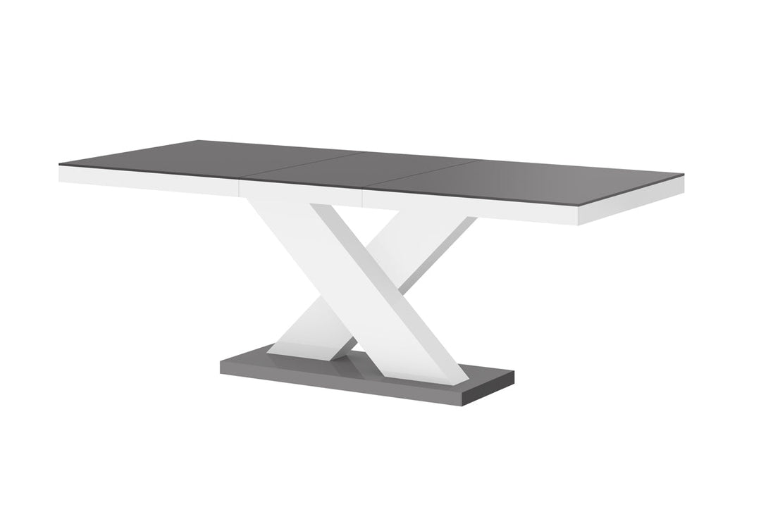 DINING SET XENA 7 PCS. GRAY/WHITE MODERN GLOSSY DINING TABLE WITH 2 SELF-STORING LEAVES PLUS 6 WHITE FAUX LEATHER CHAIRS