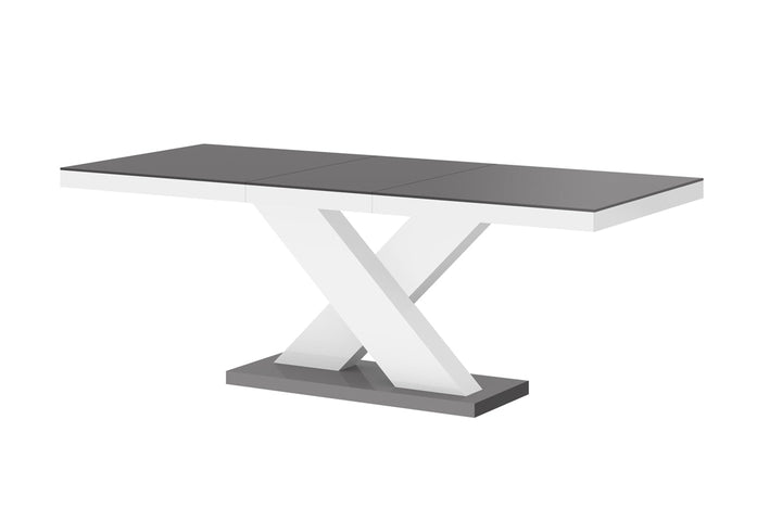 DINING SET XENA 7 PCS. GRAY/WHITE MODERN GLOSSY DINING TABLE WITH 2 SELF-STORING LEAVES PLUS 6 WHITE FAUX LEATHER CHAIRS