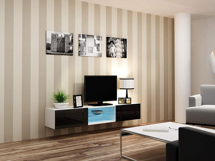 Modern floating 71" long TV Stand VIGO Glass with LED