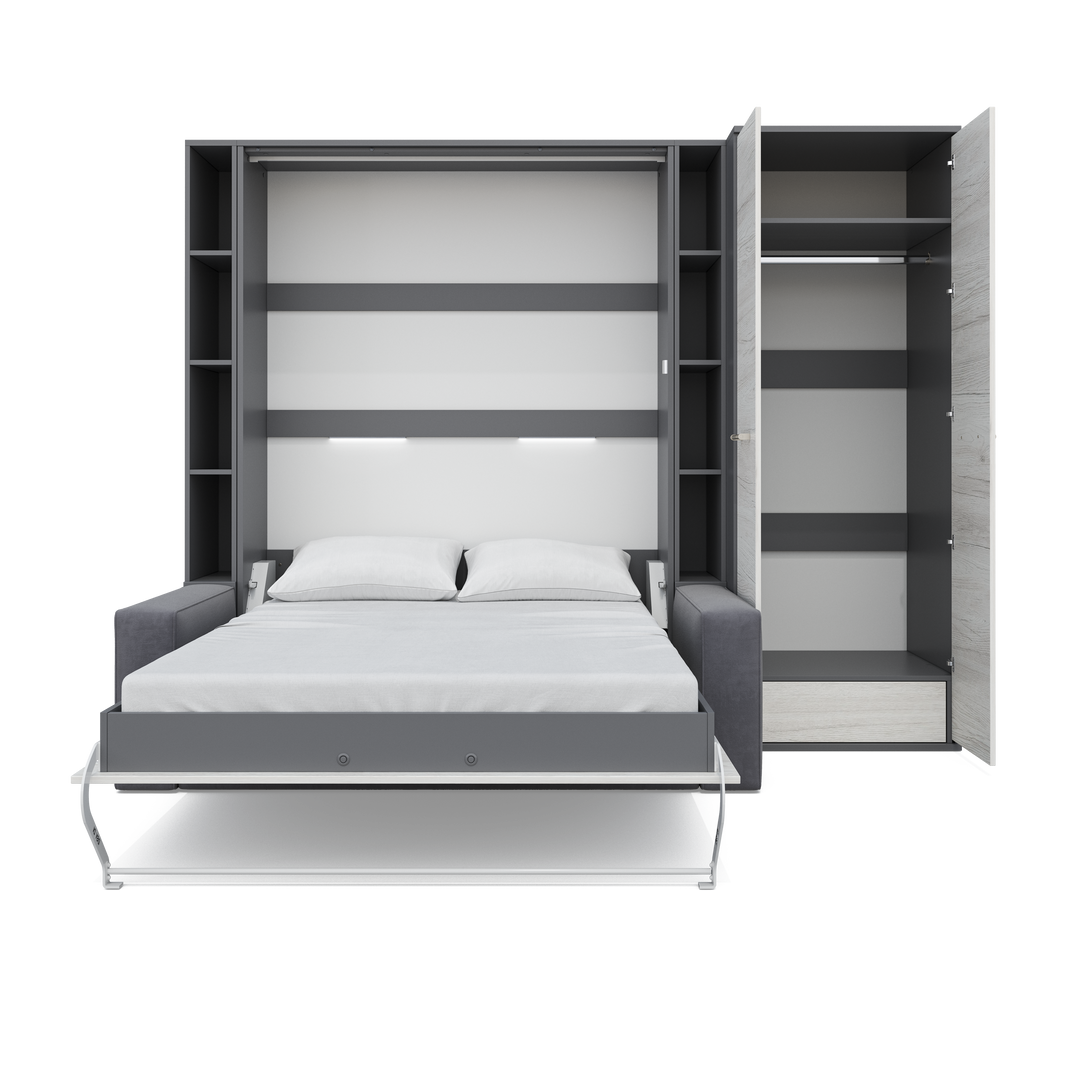 Vertical FULL size Murphy Bed Invento with a Sofa, two Cabinets and Wardrobe