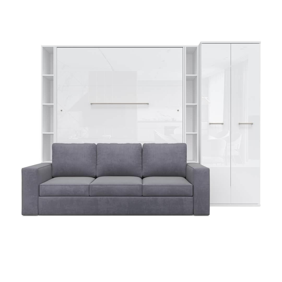 Vertical Queen size Murphy Bed Invento with a Sofa, two Cabinets and Wardrobe