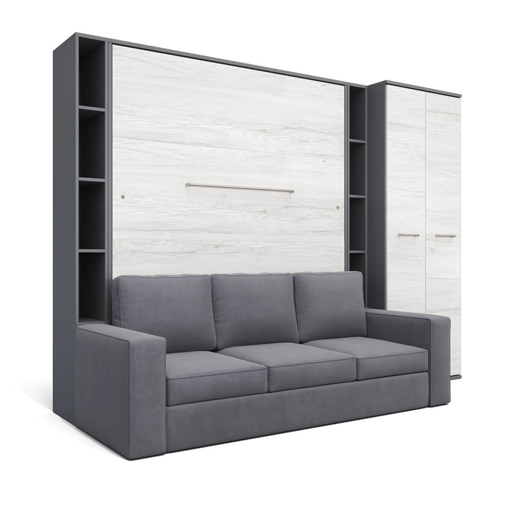 Vertical Queen size Murphy Bed Invento with a Sofa, two Cabinets and Wardrobe