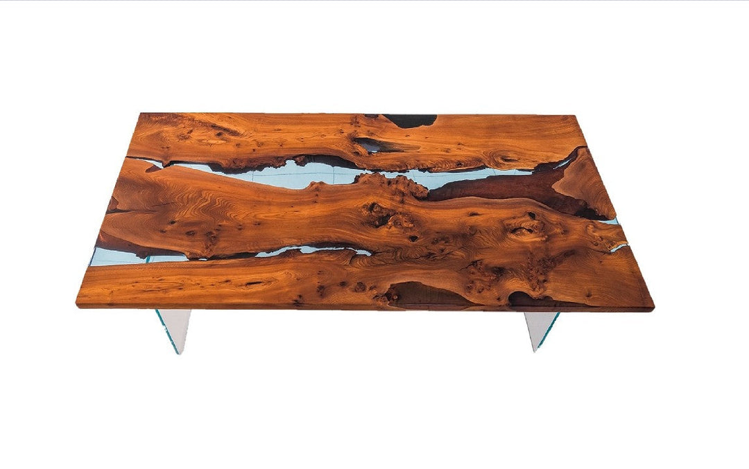 Dining Solid Pear Tree Wood Table ART Filled with Polymer Resin with Tempered Glass legs
