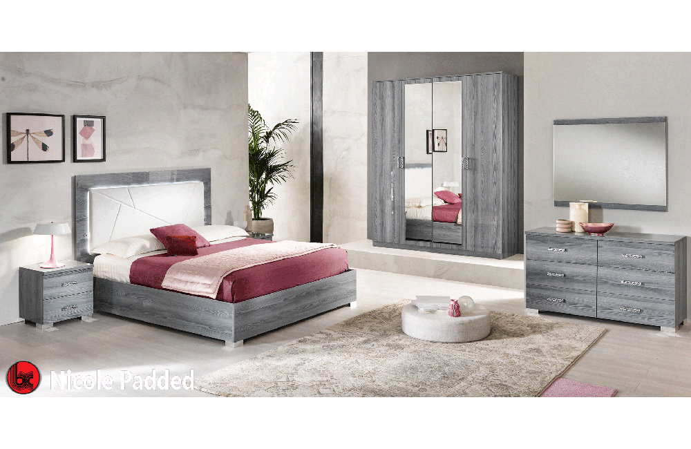 Nicole Bed Upholstered HB in Grey w/ Light