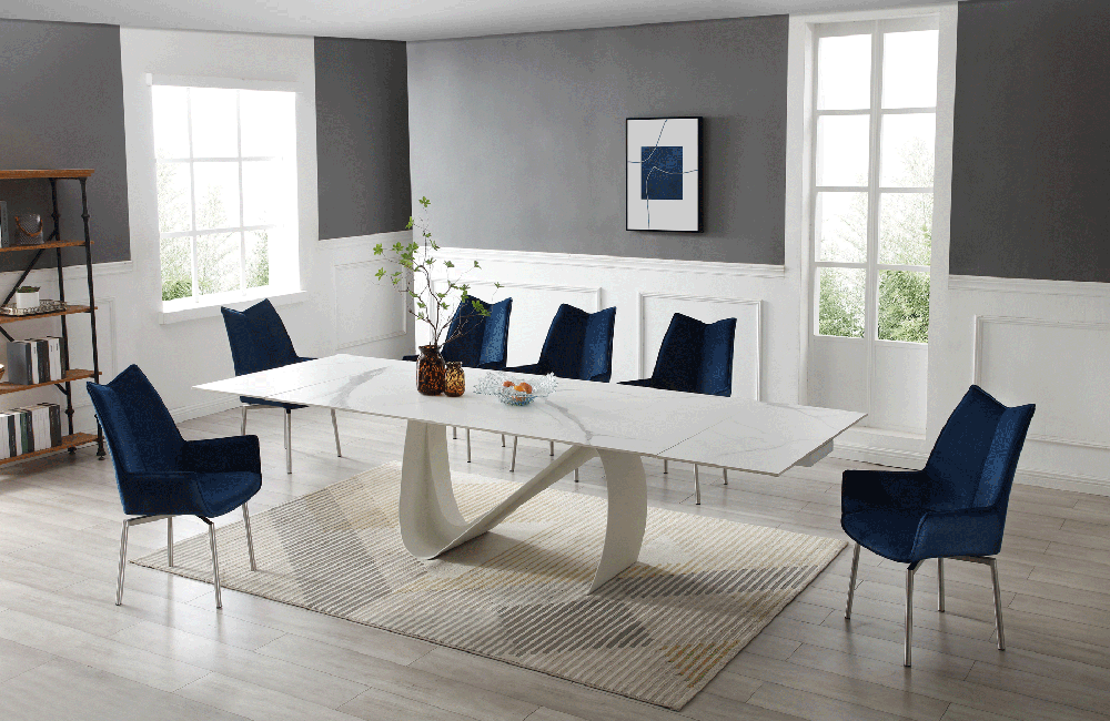 9087 Table White with 1218 swivel blue chair