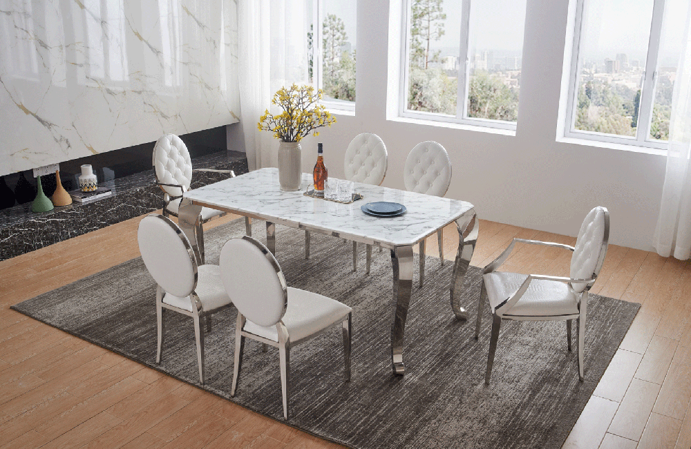 Zarra Dining Table with 110 White Chairs