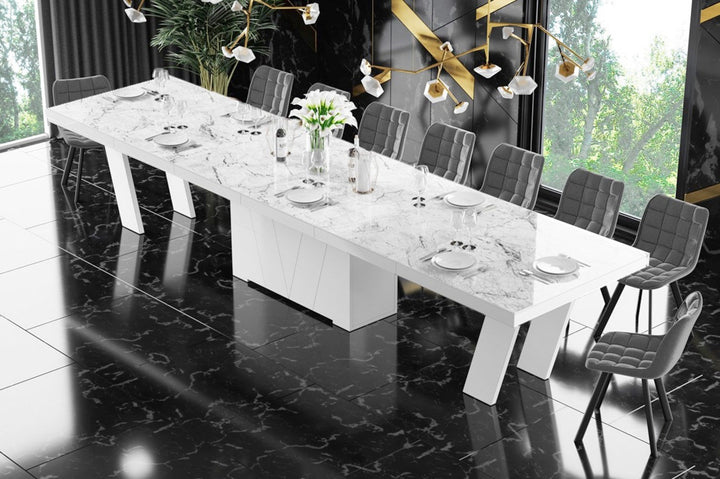 Dining Set ALETA 11 pcs. modern glossy Dining Table with 4 self-starting leaves plus 10 chairs