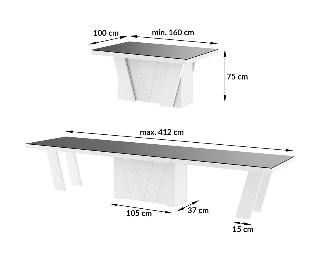 Dining Set ALETA 11 pcs. modern glossy marble/ white Dining Table with 4 self-starting leaves plus 10 chairs