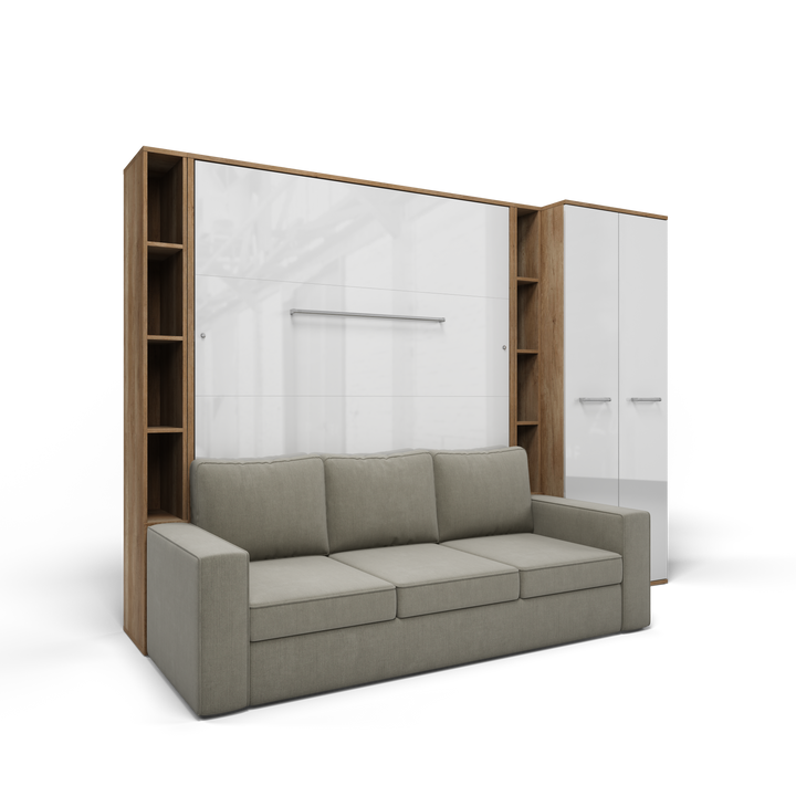 Vertical Queen size Murphy Bed Invento with a Sofa, two Cabinets and Wardrobe