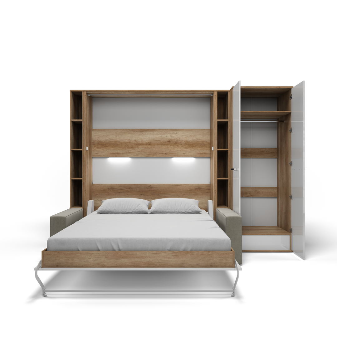 Vertical Queen size Murphy Bed Invento with a Sofa, two Cabinets and Wardrobe