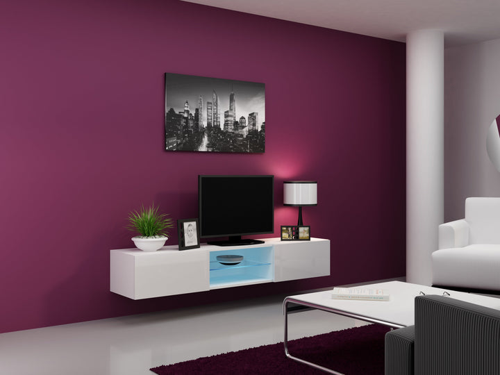 Modern floating 71" long TV Stand VIGO Glass with LED