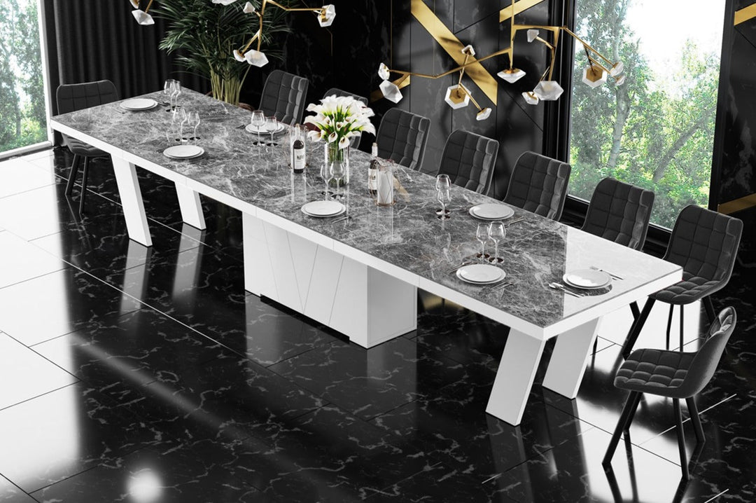 Dining Set ALETA 11 pcs. modern glossy Dining Table with 4 self-starting leaves plus 10 chairs