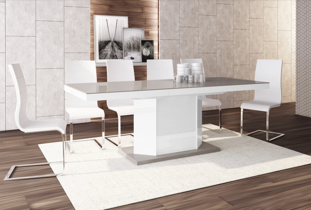 Dining Set DIEGO 7 pcs. beige/ white modern glossy Dining Table with 2 self-storing leaves plus 6 white chairs