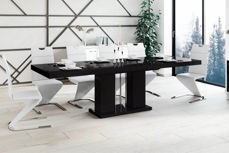 Dining Set NOSSA 7 pcs. black modern glossy Dining Table with 2 self-starting leaves plus 6 chairs