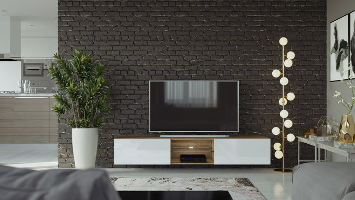 Modern floating 71" long TV Stand VIGO Glass with LED