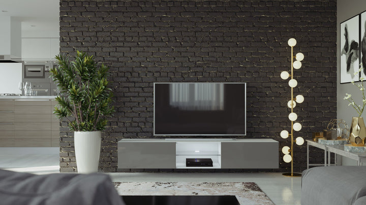 Modern floating 71" long TV Stand VIGO Glass with LED
