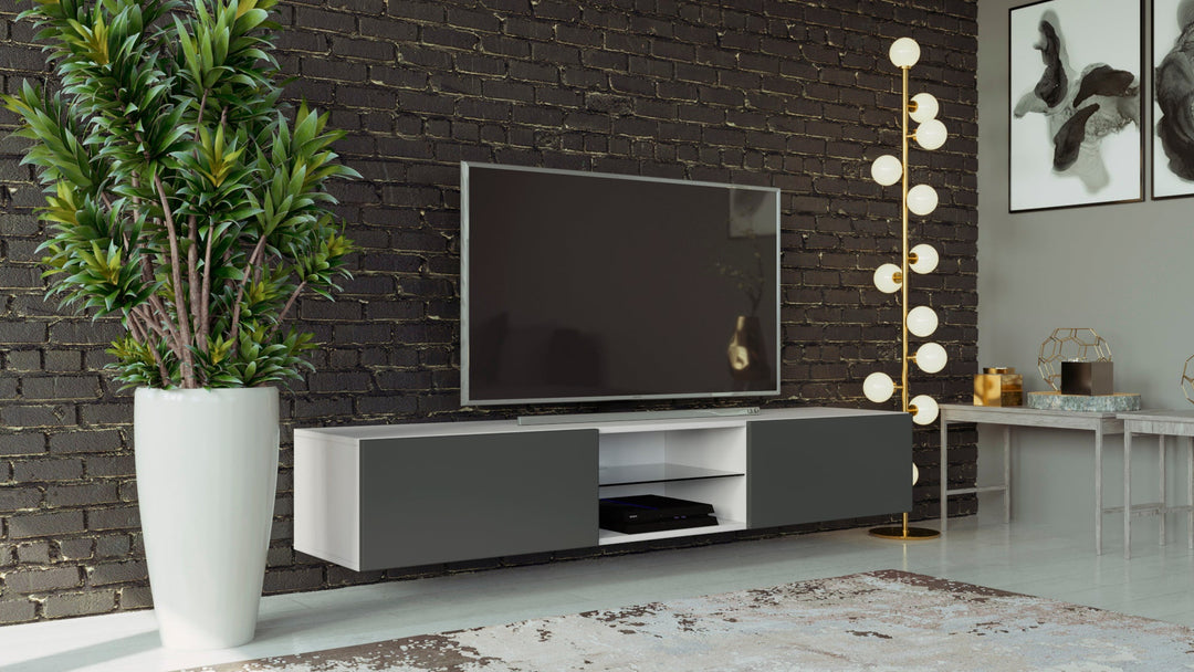 Modern floating 71" long TV Stand VIGO Glass with LED