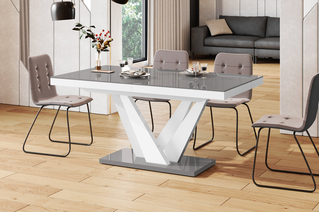 Dining Set CHARA 7 pcs. gray/white modern glossy Dining Table with 2 self-storing leaves plus 6 chairs