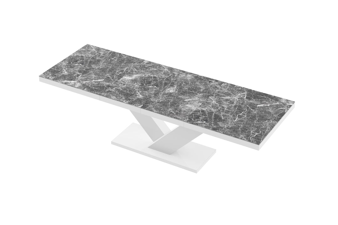 Dining Set TORIA 7 pcs. modern glossy Dining Table with 2 self-storing leaves plus 6 black chairs