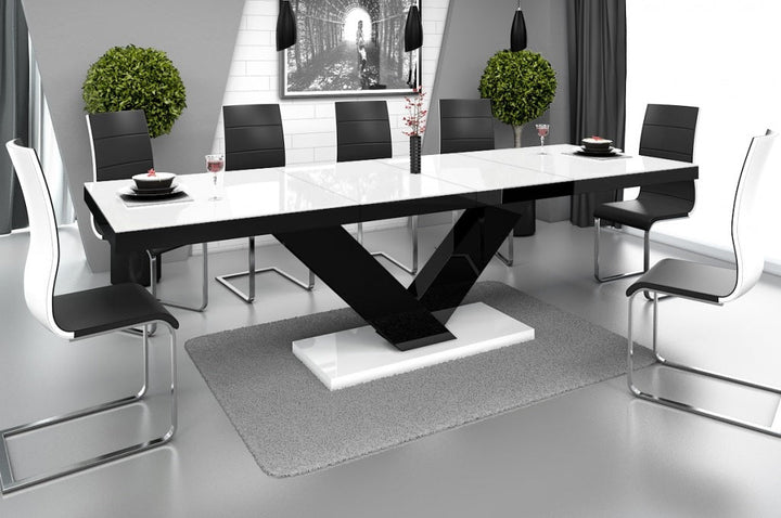 Dining Set TORIA 7 pcs. modern white/ black glossy Dining Table with 2 self-storing leaves plus 6 chairs