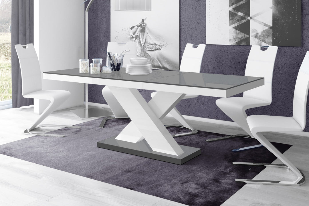 DINING SET XENA 7 PCS. GRAY/WHITE MODERN GLOSSY DINING TABLE WITH 2 SELF-STORING LEAVES PLUS 6 WHITE FAUX LEATHER CHAIRS