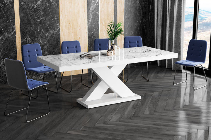 Dining Set XENA 7 pcs. modern glossy Dining Table with 2 self-storing leaves plus 6 chairs